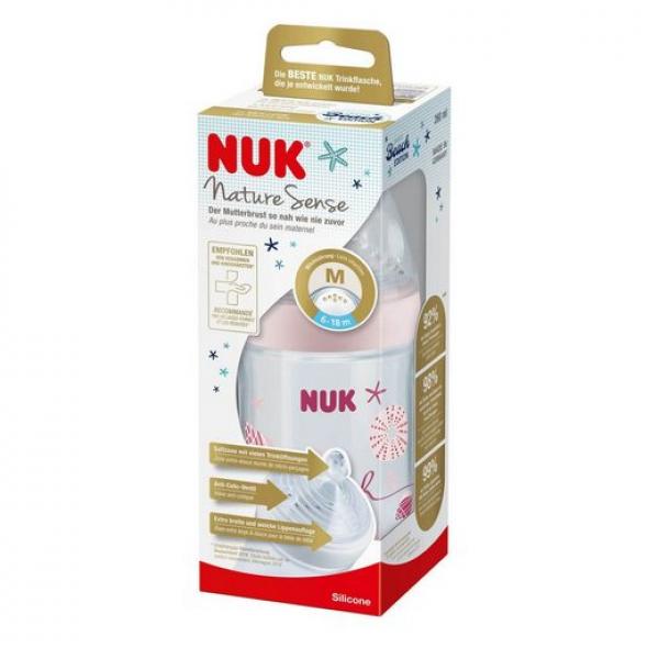 NUK Nature Sense Babyflasche Silikon-Trinksauger, Größe M, 260ml rosa