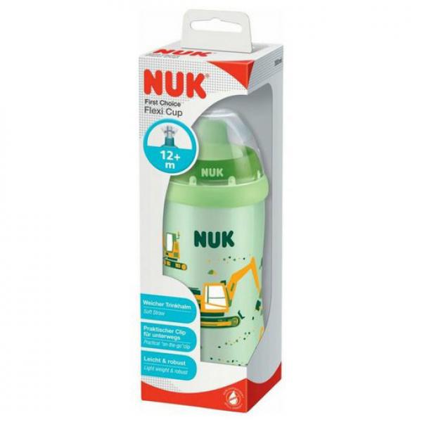NUK Flexi Cup Trinklernflasche mit Trinkhalm, 300ml, 12+ Monate, Bagger (grün)