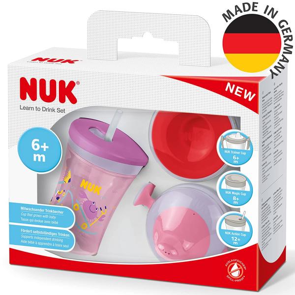 NUK 3-in-1 Trinklernset mit Schnabeltasse(6+M),Magic Cup 360° Trinklernbecher(8+M) & Action Cup Trinkflasche Kinder(12+M) 230ml Mädchen (Rosa)